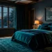 A moody winter guest bedroom decorated with deep teal and charcoal accents, featuring a cozy bed and warm lighting.