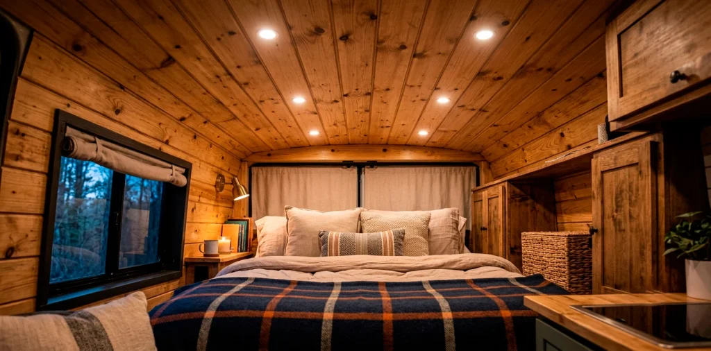 Finished camper van interior with a beautiful rustic tongue-and-groove wood ceiling and warm lighting