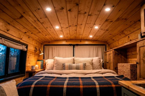 Finished camper van interior with a beautiful rustic tongue-and-groove wood ceiling and warm lighting
