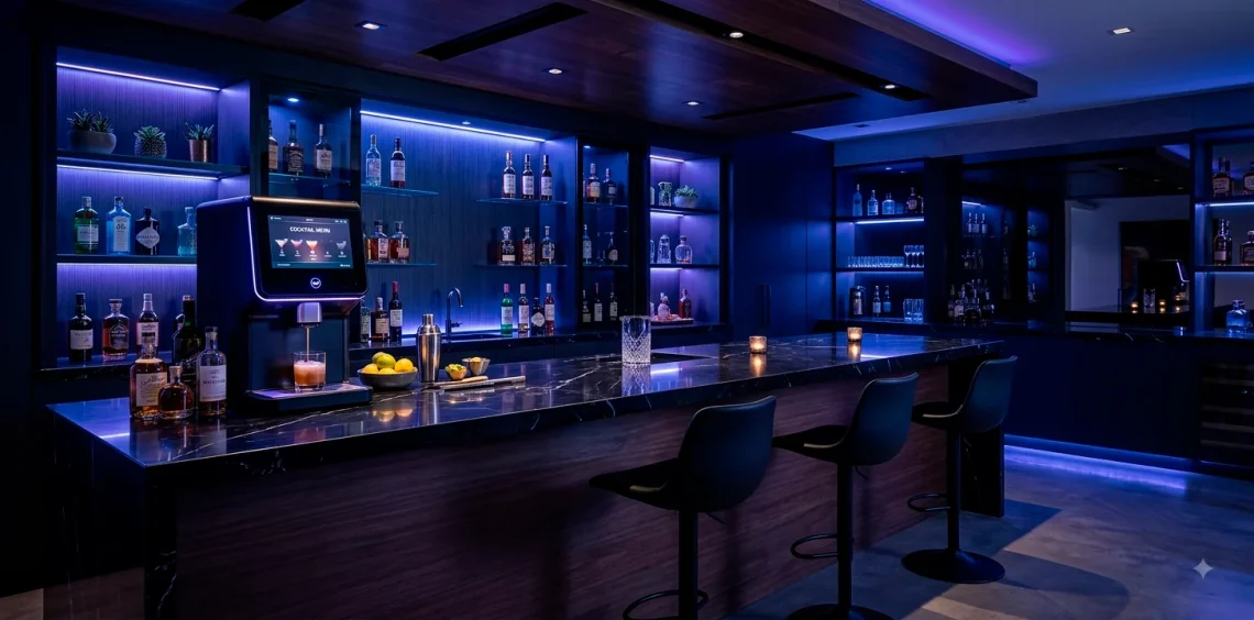 Modern home bar with smart tech lighting and automated cocktail dispenser on a black marble counter.