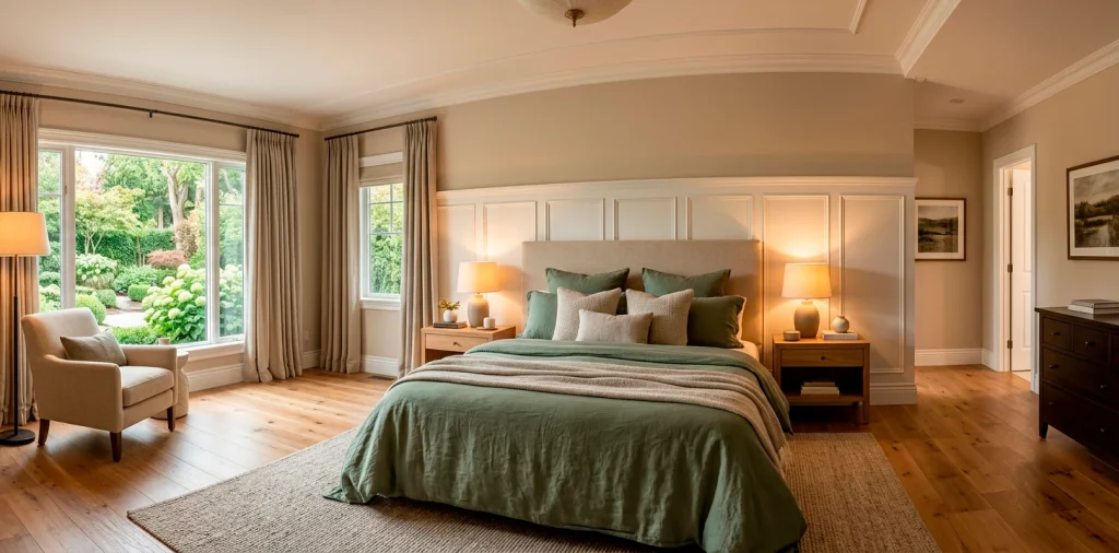Wide view of a luxurious master bedroom featuring beautifully styled sage green linen bedding.