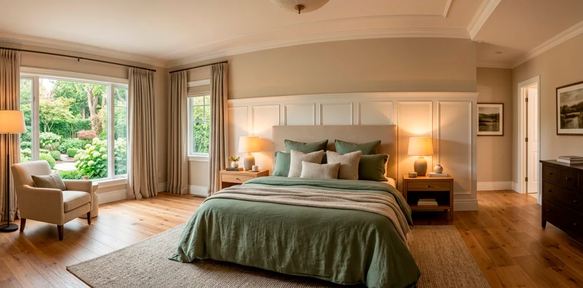 Wide view of a luxurious master bedroom featuring beautifully styled sage green linen bedding.