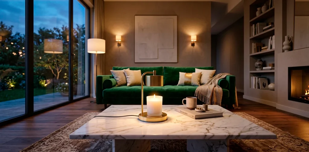Elegant brass luxury candle warmer melting a candle on a marble coffee table in a modern cozy living room.