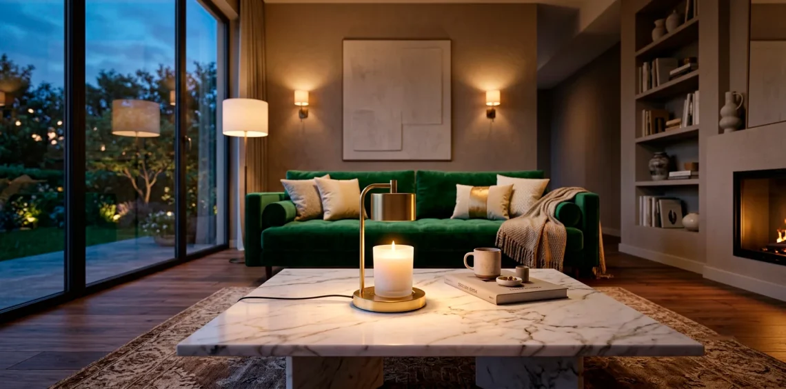 Elegant brass luxury candle warmer melting a candle on a marble coffee table in a modern cozy living room.