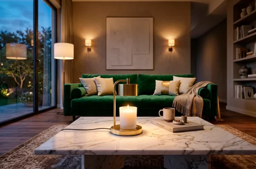 Elegant brass luxury candle warmer melting a candle on a marble coffee table in a modern cozy living room.