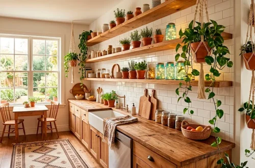 Bright boho kitchen featuring hanging macrame plant holders and glowing vintage mason jars on rustic floating wood shelves.