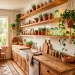 Bright boho kitchen featuring hanging macrame plant holders and glowing vintage mason jars on rustic floating wood shelves.
