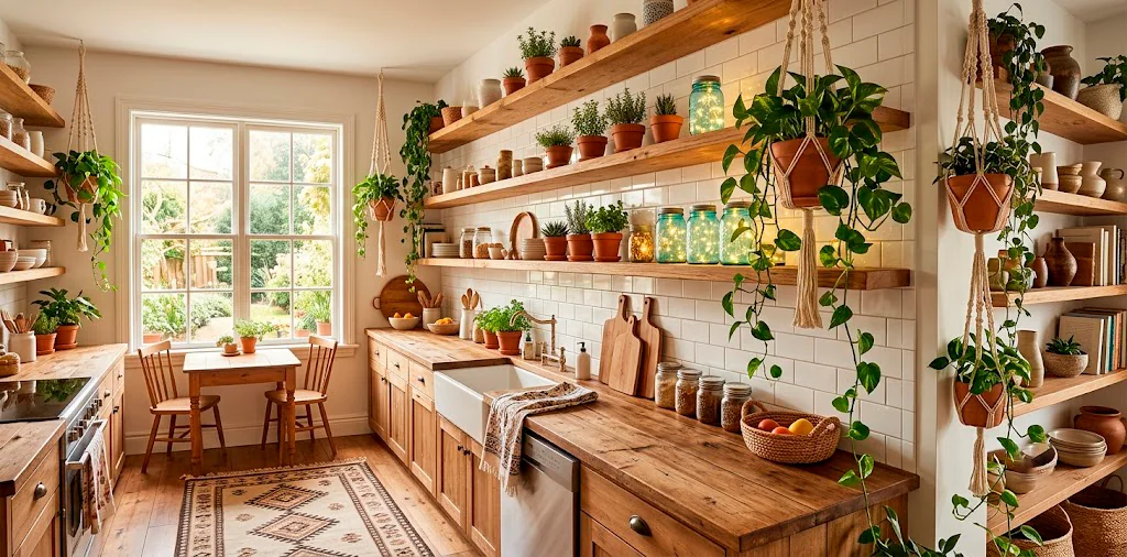 Bright boho kitchen featuring hanging macrame plant holders and glowing vintage mason jars on rustic floating wood shelves.