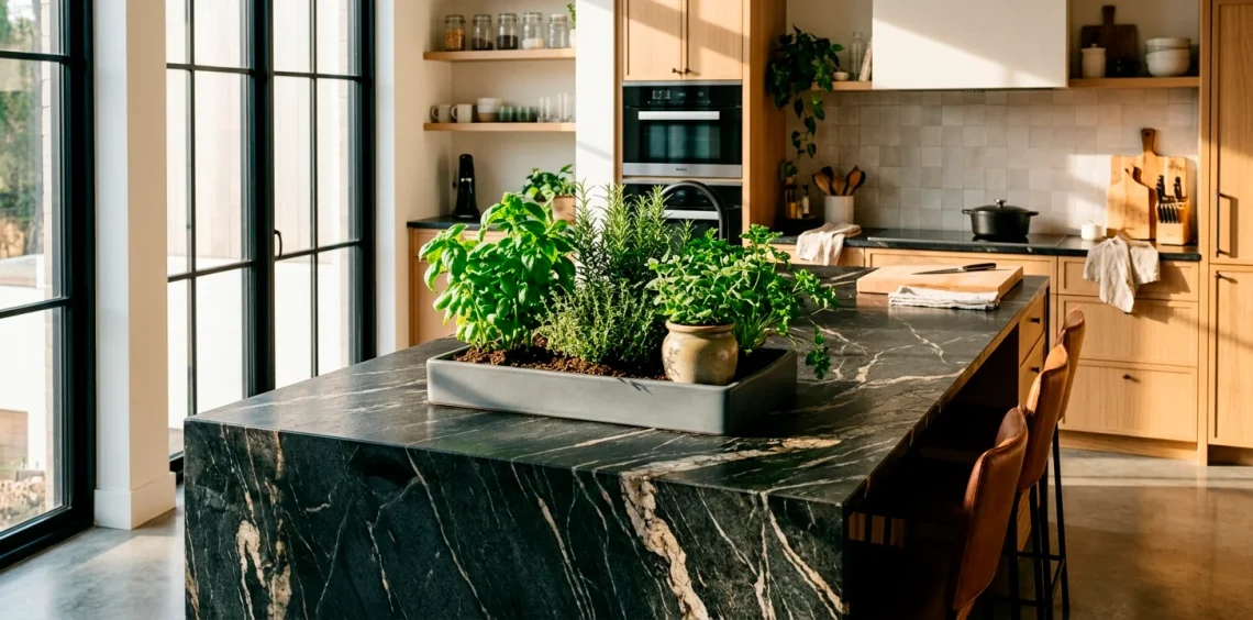 Matte grey herb tray on a modern dark stone kitchen island bathed in sunlight.