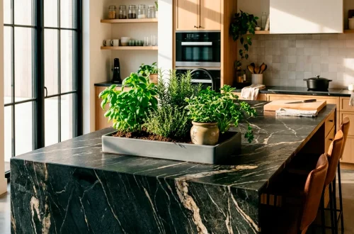 Matte grey herb tray on a modern dark stone kitchen island bathed in sunlight.