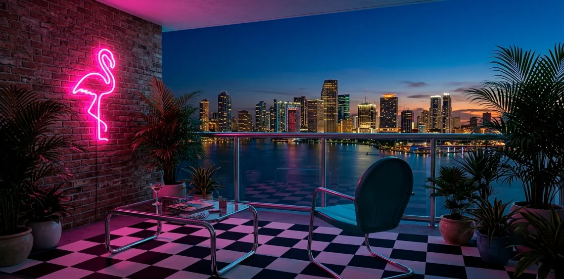 80s aesthetic balcony at dusk with pink neon flamingo sign, chrome table, and lush palms