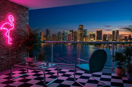 80s aesthetic balcony at dusk with pink neon flamingo sign, chrome table, and lush palms