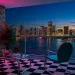 80s aesthetic balcony at dusk with pink neon flamingo sign, chrome table, and lush palms
