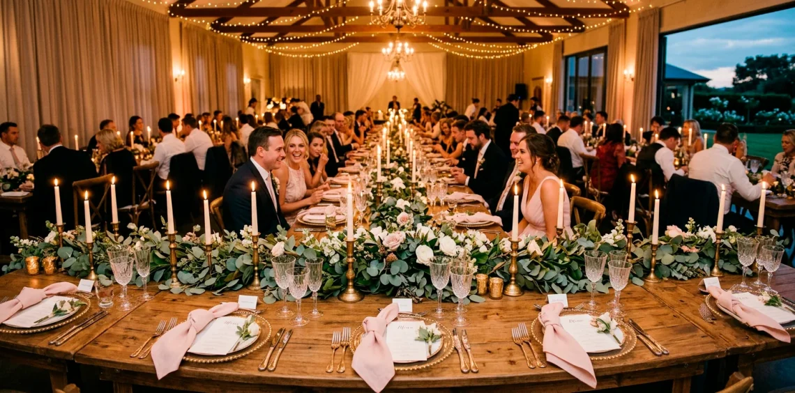 Wide view of an elegant wedding reception table featuring intricately folded blush pink napkins on gold charger plates.