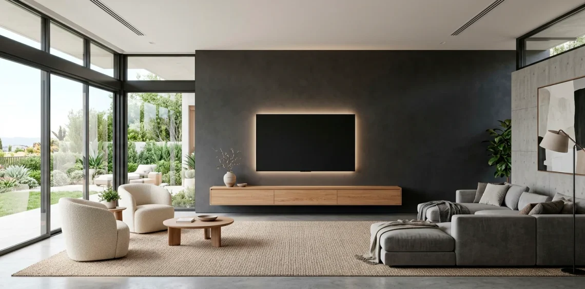 Modern minimalist living room with a wire-free wall-mounted TV and floating console.