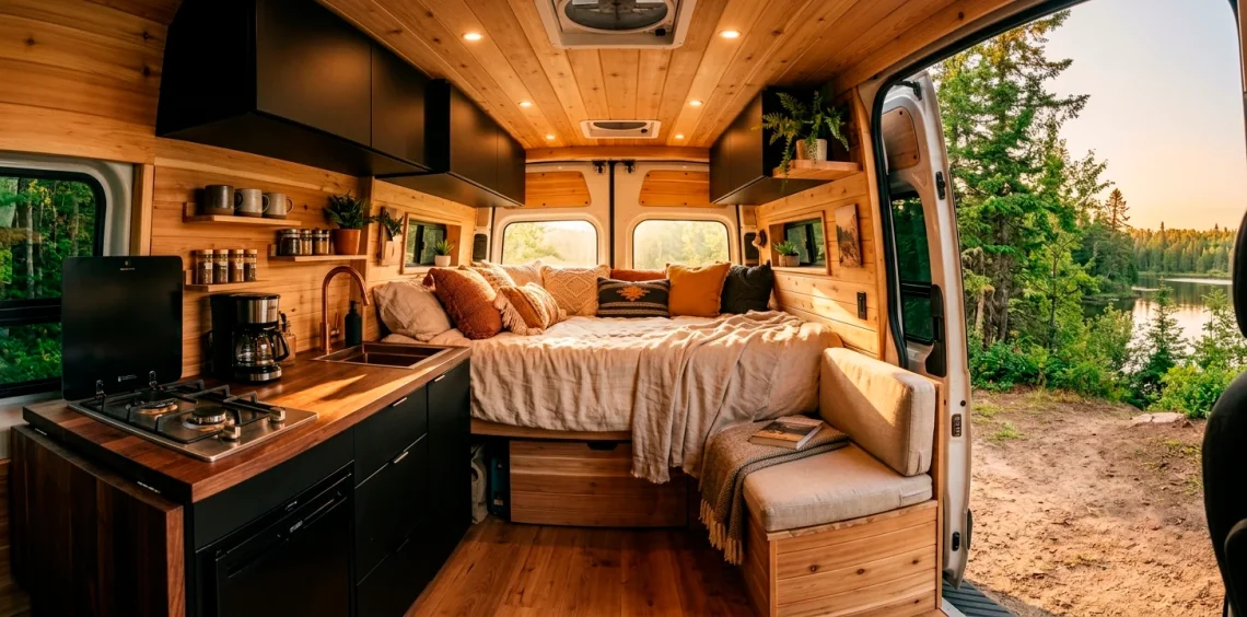 Wide view of a beautiful camper van interior showcasing clever space saving design and warm wood paneling.