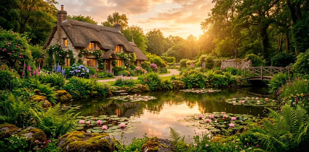Beautiful whimsical cottage garden pond with mossy rocks, water lilies, and lush ferns in a fairytale backyard.