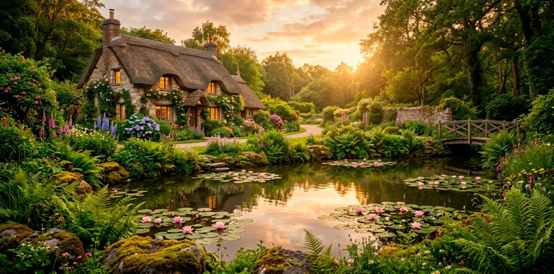 Beautiful whimsical cottage garden pond with mossy rocks, water lilies, and lush ferns in a fairytale backyard.