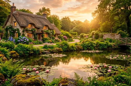 Beautiful whimsical cottage garden pond with mossy rocks, water lilies, and lush ferns in a fairytale backyard.
