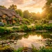 Beautiful whimsical cottage garden pond with mossy rocks, water lilies, and lush ferns in a fairytale backyard.