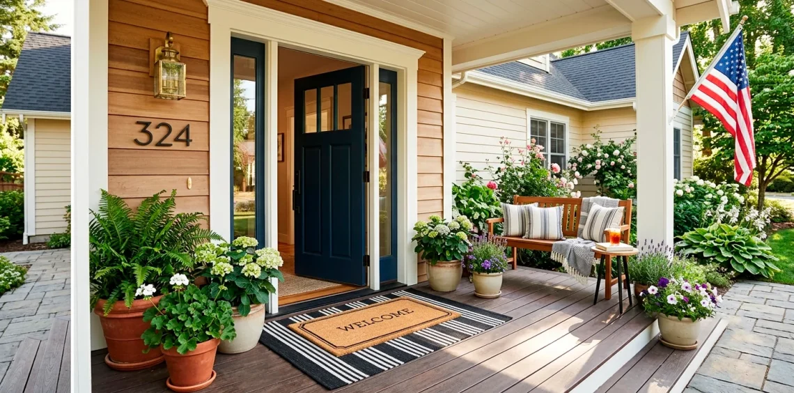 Beautifully styled summer front porch featuring a layered welcome mat setup with bright potted plants