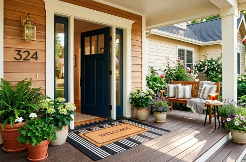 Beautifully styled summer front porch featuring a layered welcome mat setup with bright potted plants
