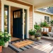 Beautifully styled summer front porch featuring a layered welcome mat setup with bright potted plants