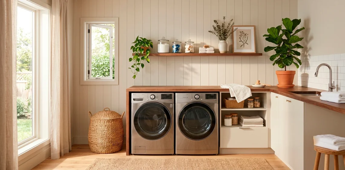 Modern laundry room with a custom wood countertop over front-loading machines
