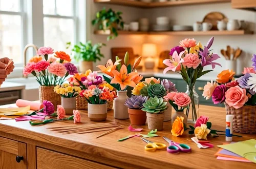 Colorful handmade paper flowers and crafting supplies scattered across a wooden table