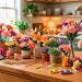 Colorful handmade paper flowers and crafting supplies scattered across a wooden table