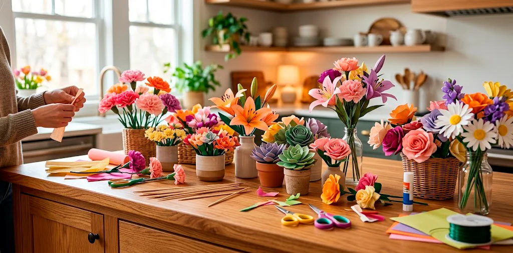 Colorful handmade paper flowers and crafting supplies scattered across a wooden table