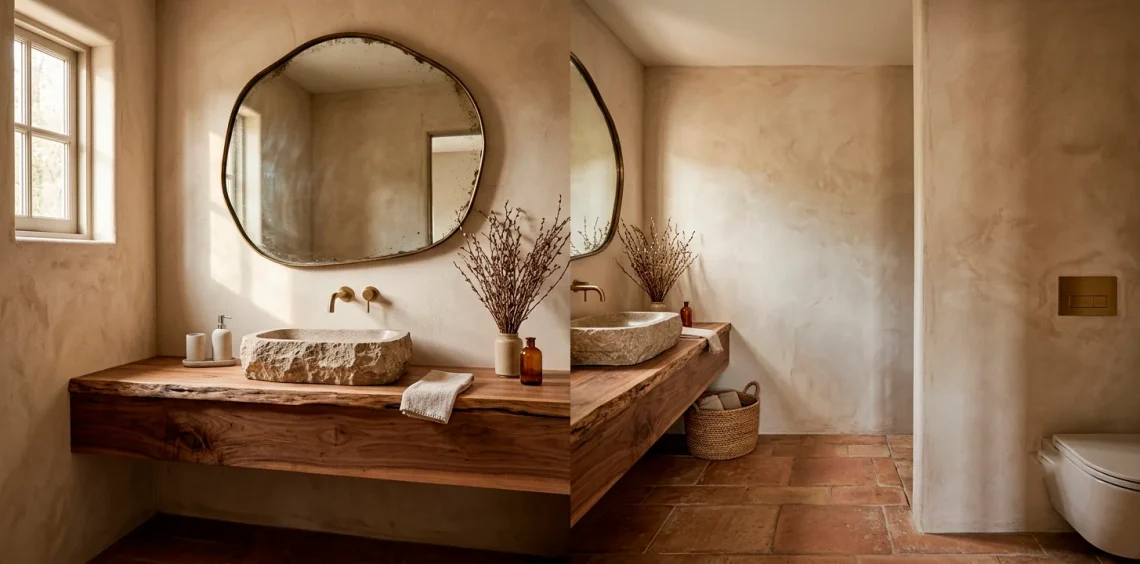 Organic modern powder room featuring a raw wood vanity, textured plaster walls, and warm terracotta floor tiles.
