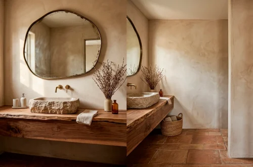Organic modern powder room featuring a raw wood vanity, textured plaster walls, and warm terracotta floor tiles.
