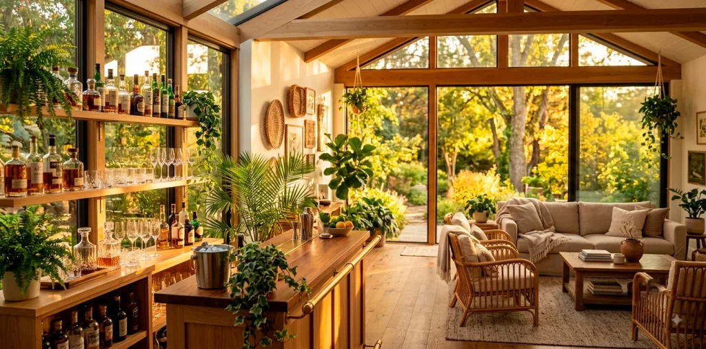 A wide view of a beautifully designed sunroom bar bathed in golden hour sunlight, featuring chic decor and plants.