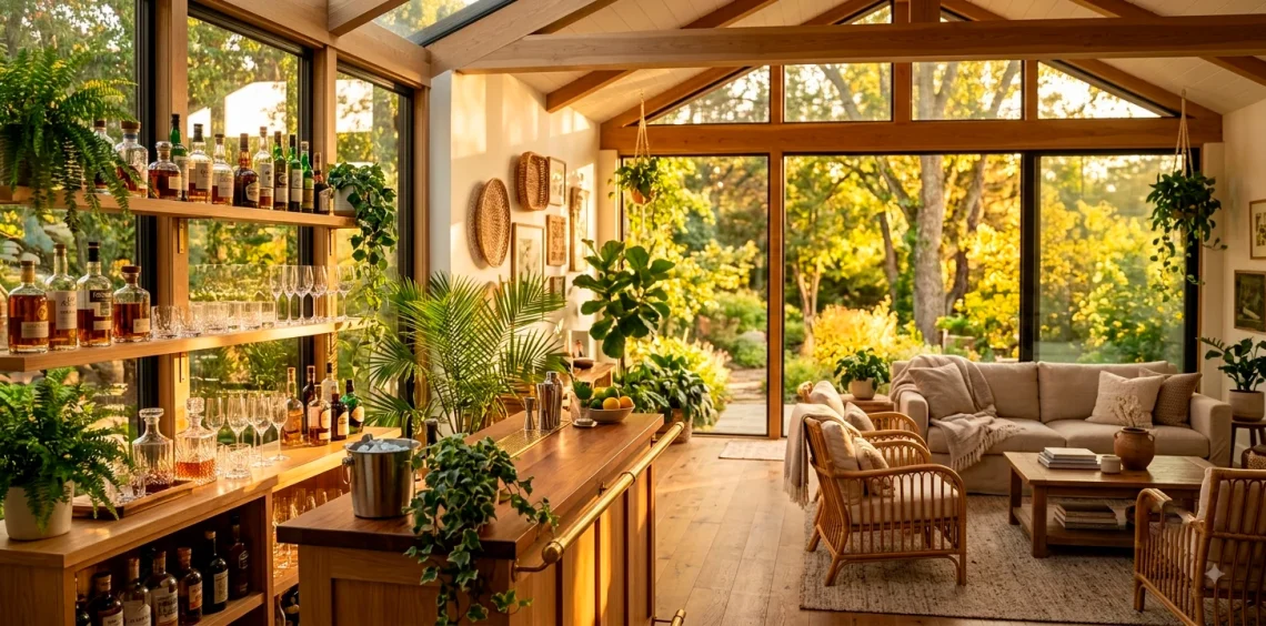 A wide view of a beautifully designed sunroom bar bathed in golden hour sunlight, featuring chic decor and plants.