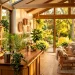 A wide view of a beautifully designed sunroom bar bathed in golden hour sunlight, featuring chic decor and plants.