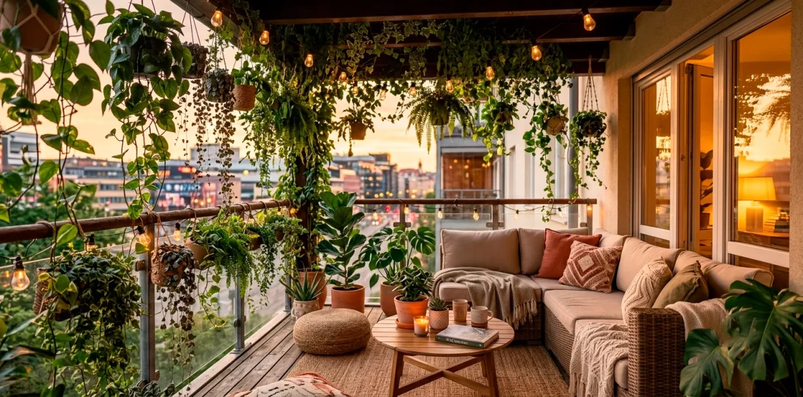 Lush balcony covered in trailing plants serving as a natural privacy screen with cozy seating