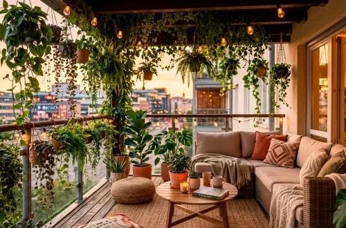 Lush balcony covered in trailing plants serving as a natural privacy screen with cozy seating