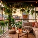 Lush balcony covered in trailing plants serving as a natural privacy screen with cozy seating