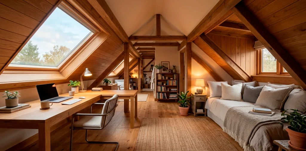 Cozy attic converted into a modern guest room and home office combo with skylights and exposed beams.