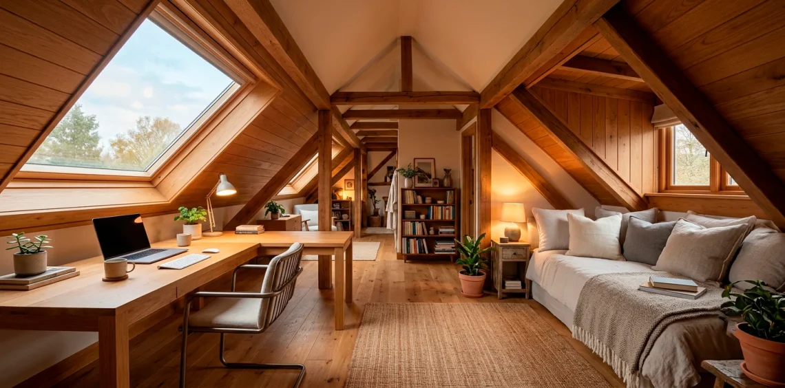 Cozy attic converted into a modern guest room and home office combo with skylights and exposed beams.