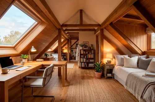 Cozy attic converted into a modern guest room and home office combo with skylights and exposed beams.