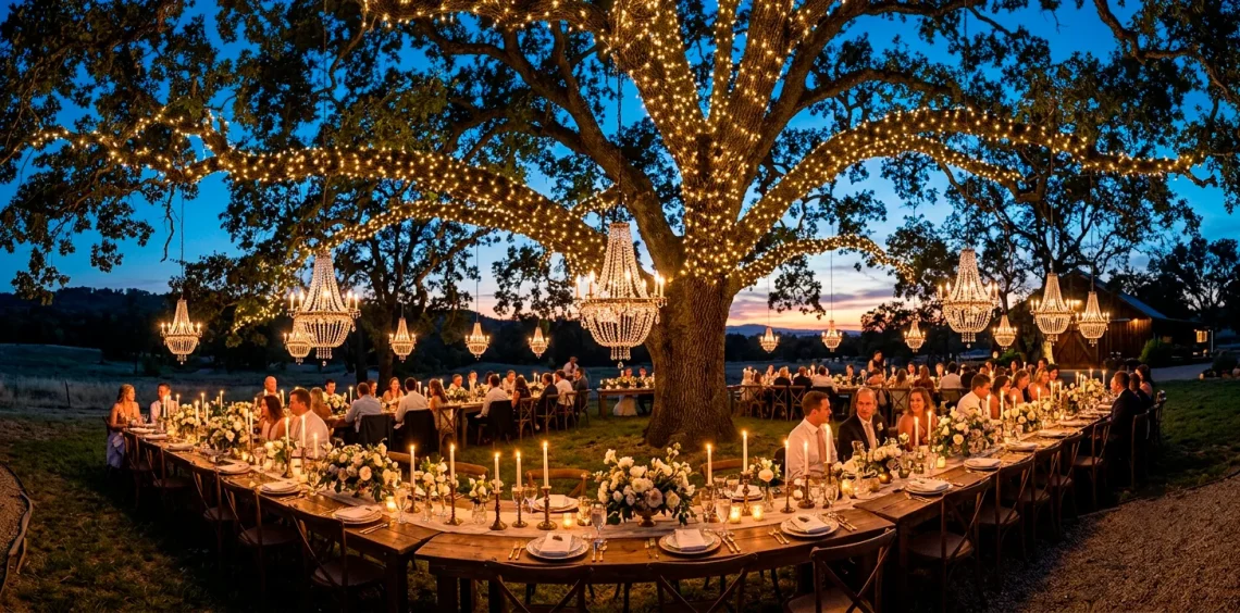 Outdoor wedding reception at twilight with fairy lights and chandeliers over dining tables