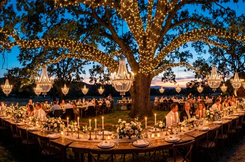 Outdoor wedding reception at twilight with fairy lights and chandeliers over dining tables