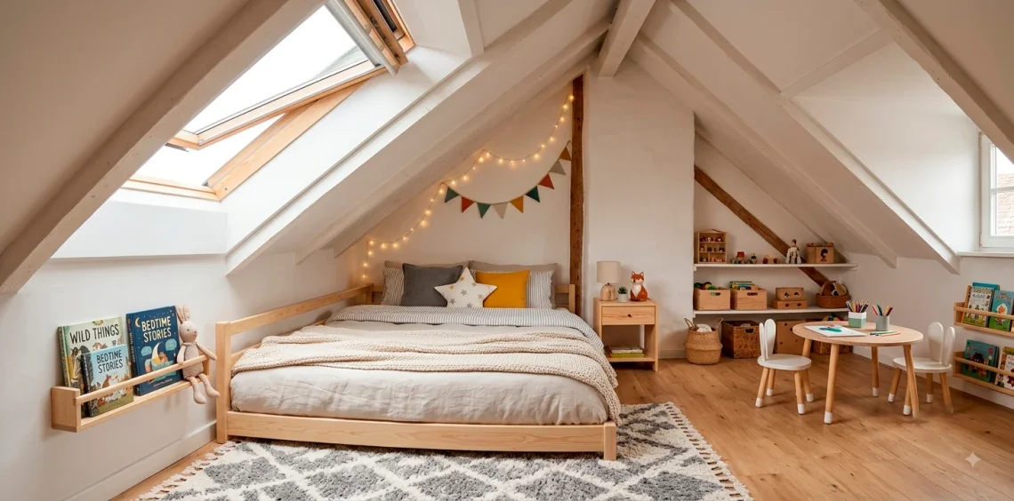 Cozy minimalist Montessori floor bed tucked under a sloped attic ceiling with warm natural lighting.