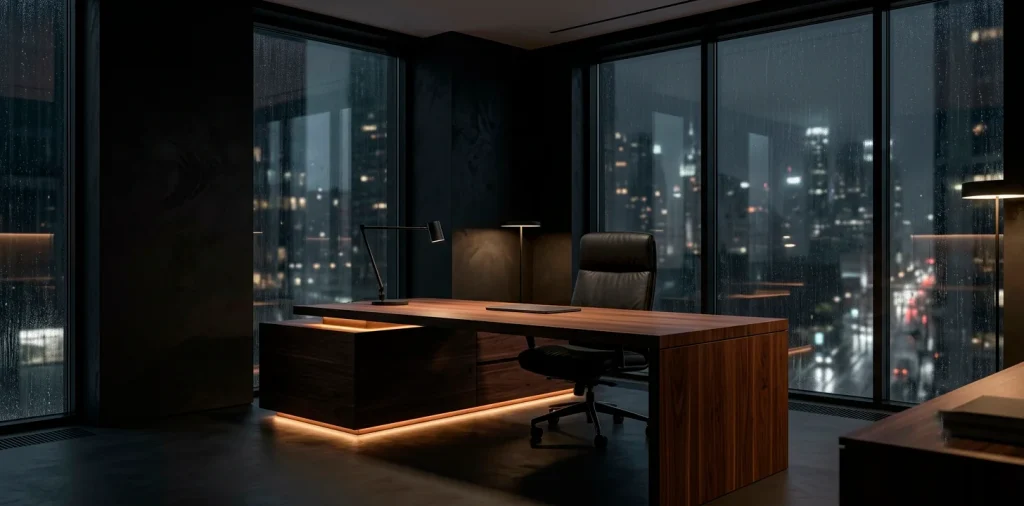 A luxurious dark WFH apartment setup with a walnut desk and charcoal walls