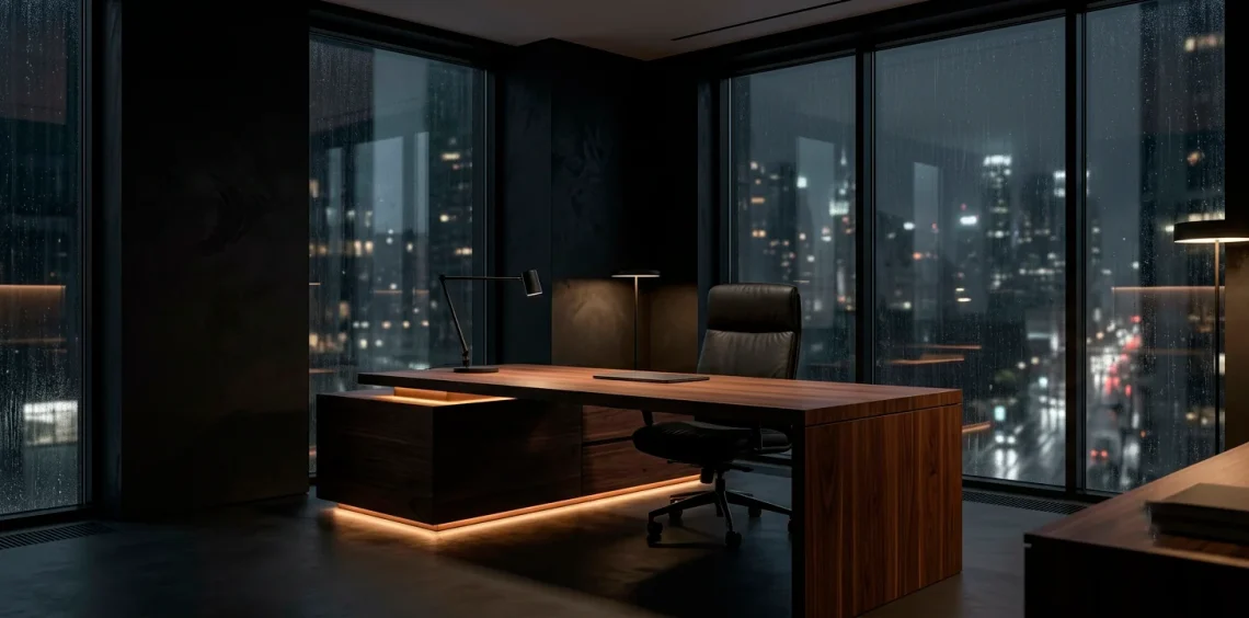 A luxurious dark WFH apartment setup with a walnut desk and charcoal walls
