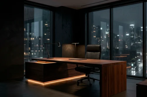 A luxurious dark WFH apartment setup with a walnut desk and charcoal walls