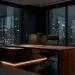 A luxurious dark WFH apartment setup with a walnut desk and charcoal walls