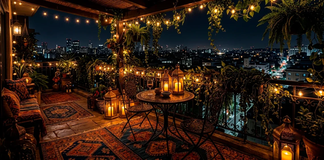 Moody eclectic balcony at night with layered rugs, glowing lanterns, and dark trailing plants